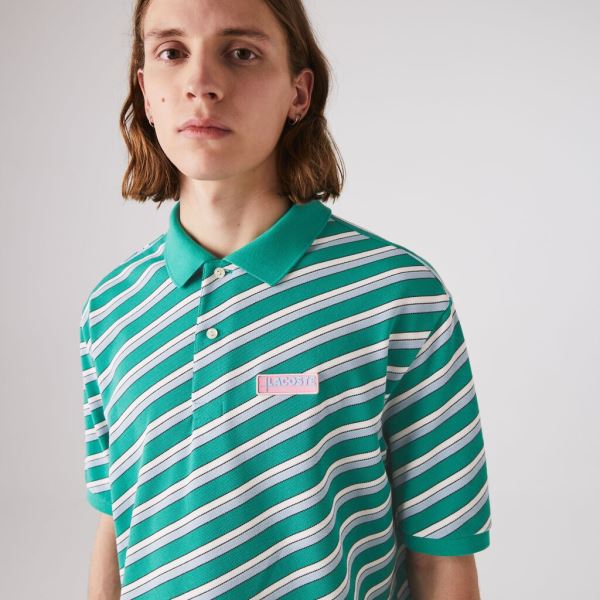 Lacoste LIVE Striped Cotton Piqué Polo Shirt Pánské - Polo Bílé / Tmavě Blankyt Blankyt | CZ-rSJw8y